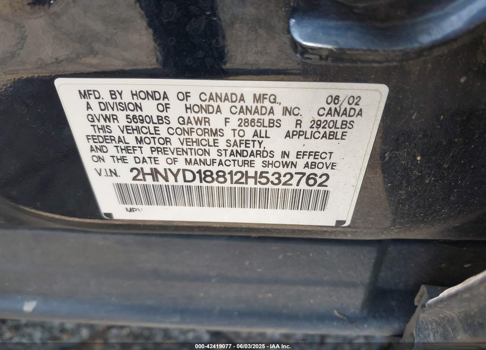 2002 ACURA MDX VIN: 2HNYD18812H532762