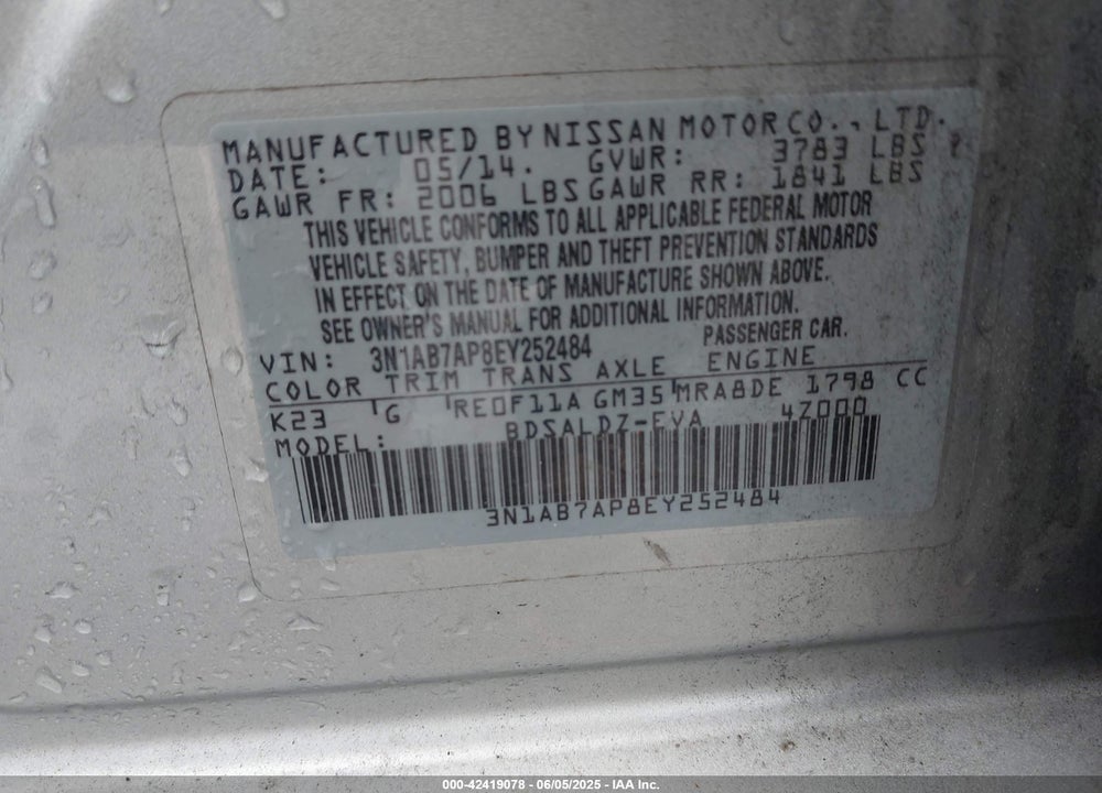 2014 NISSAN SENTRA SV VIN: 3N1AB7AP8EY252484