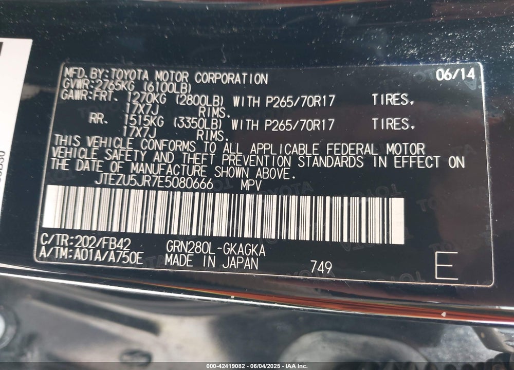 2014 TOYOTA 4RUNNER SR5 VIN: JTEZU5JR7E5080666