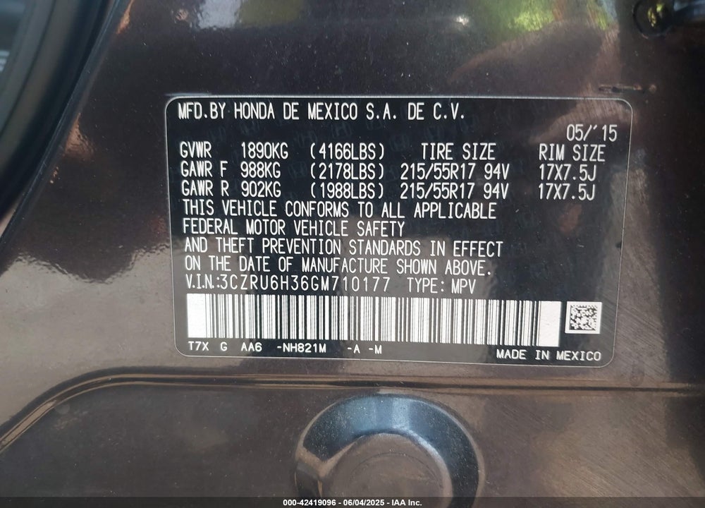 2016 HONDA HR-V VIN: 3CZRU6H36GM710177