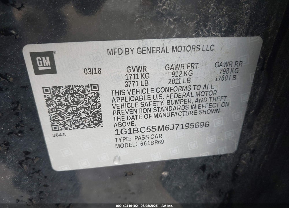 2018 CHEVROLET CRUZE VIN: 1G1BC5SM6J7195696