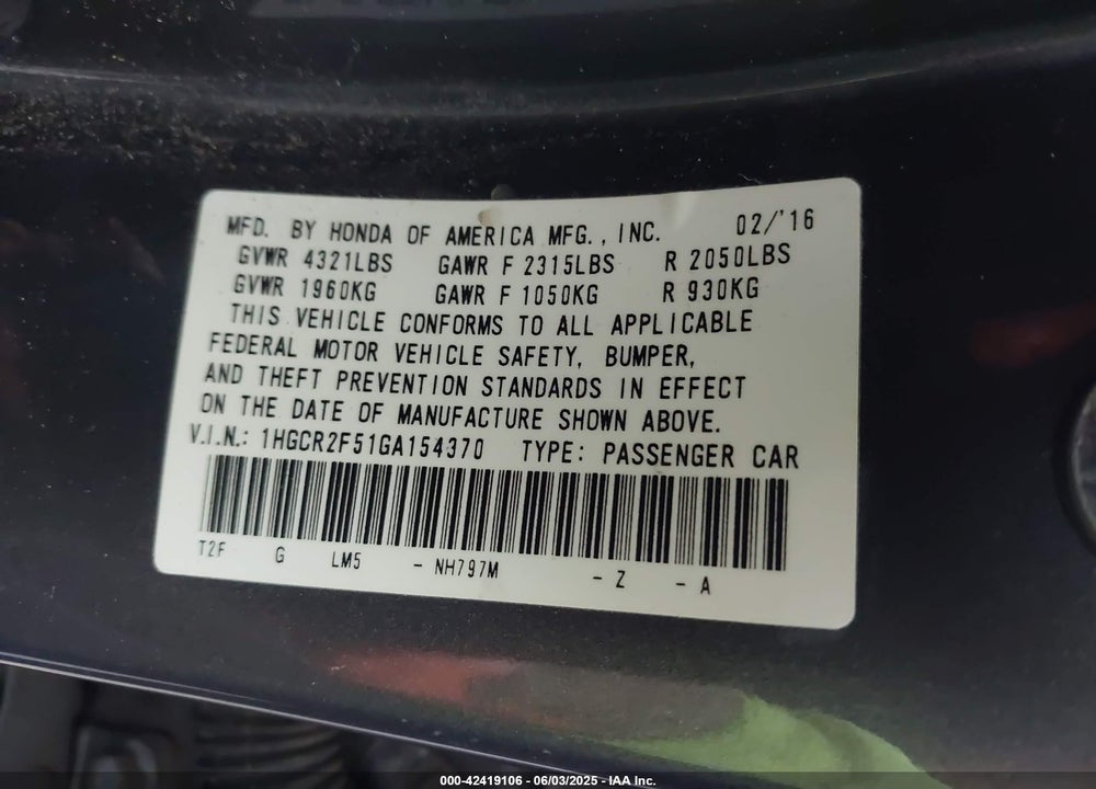 2016 HONDA ACCORD VIN: 1HGCR2F51GA154370