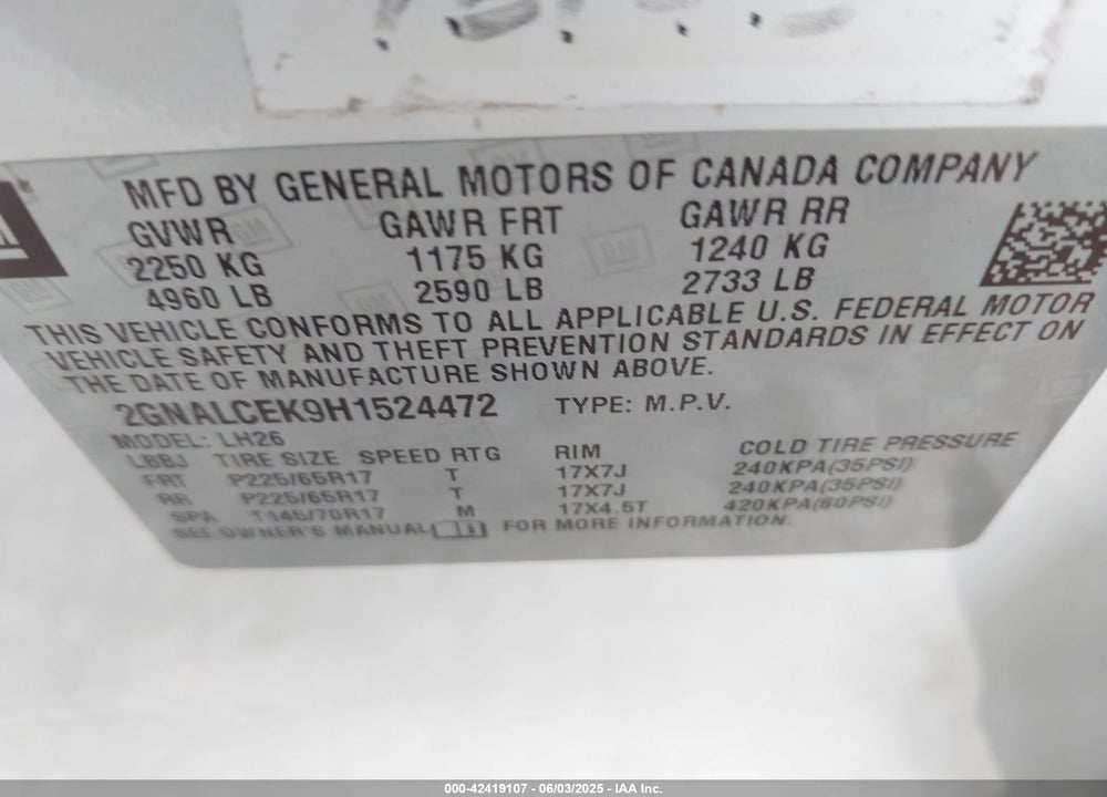 2017 CHEVROLET EQUINOX LT VIN: 2GNALCEK9H1524472