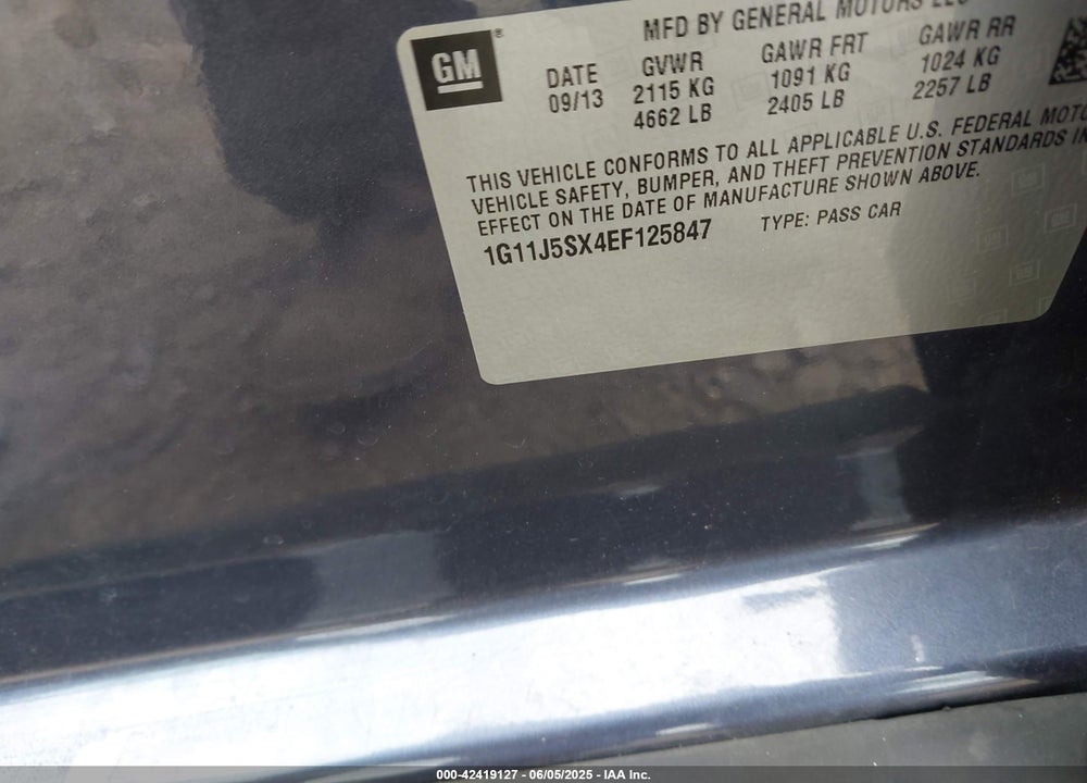 2014 CHEVROLET MALIBU 2LZ VIN: 1G11J5SX4EF125847