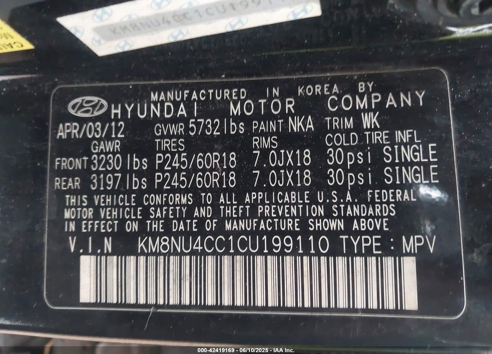 2012 HYUNDAI VERACRUZ LIMITED VIN: KM8NU4CC1CU199110