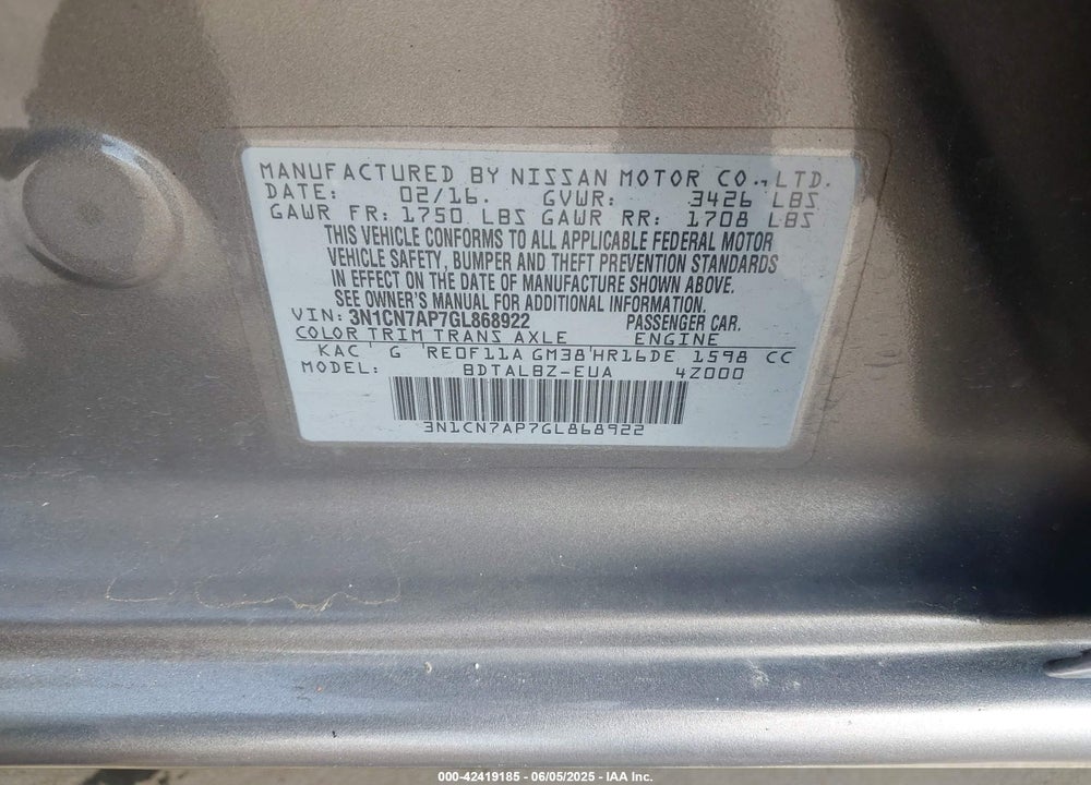 2016 NISSAN VERSA VIN: 3N1CN7AP7GL868922
