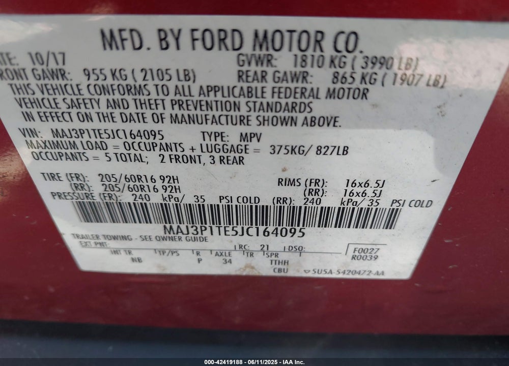 2018 FORD ECOSPORT VIN: MAJ3P1TE5JC164095