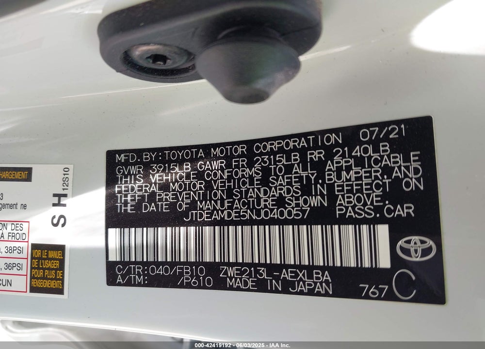 2022 TOYOTA COROLLA VIN: JTDEAMDE5NJ040057