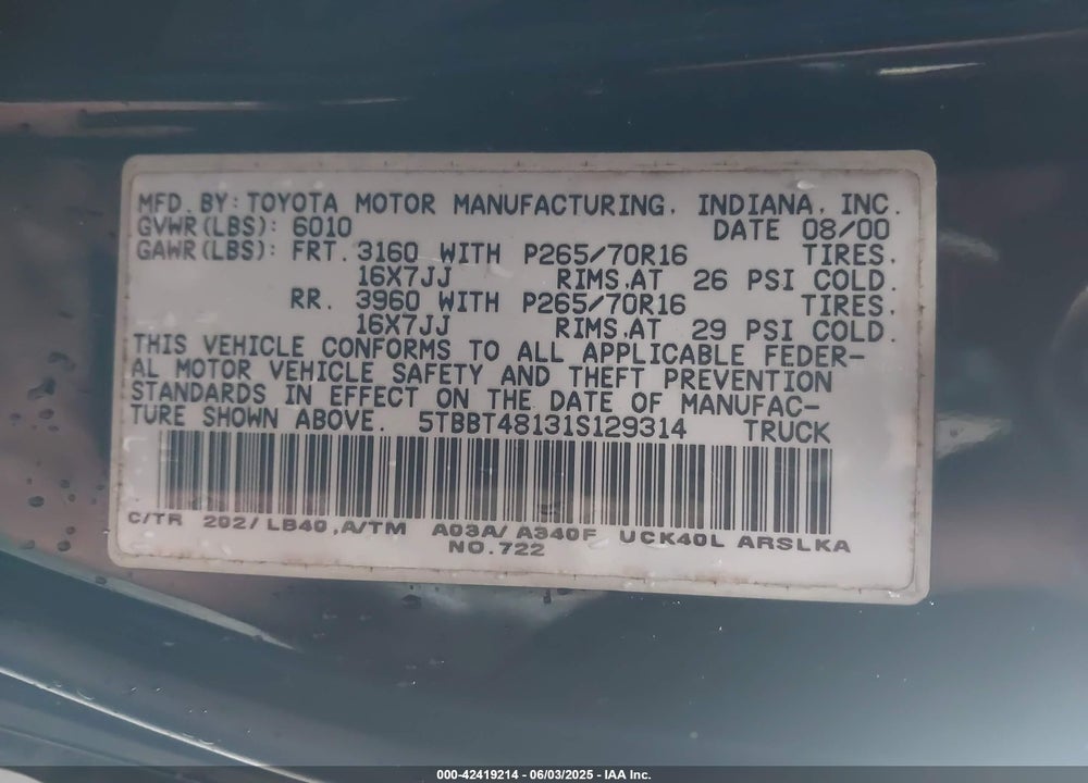 2001 TOYOTA TUNDRA ACCESS CAB LIMITED VIN: 5TBBT48131S129314