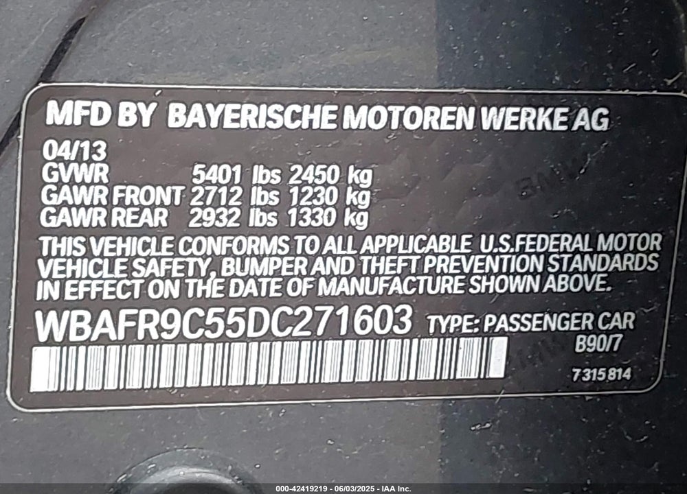 2013 BMW 550 VIN: WBAFR9C55DC271603