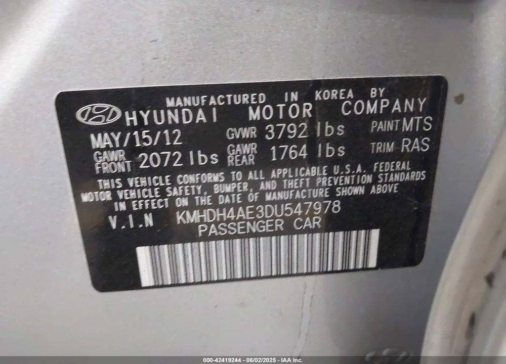 2013 HYUNDAI ELANTRA VIN: KMHDH4AE3DU547978