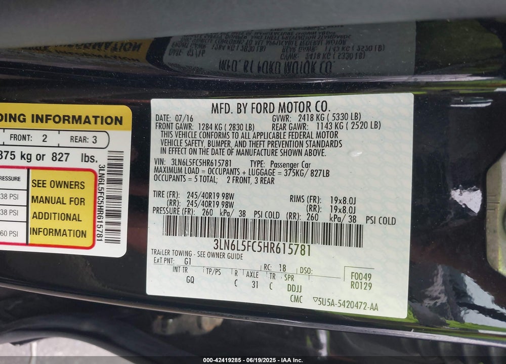2017 LINCOLN MKZ RESERVE VIN: 3LN6L5FC5HR615781