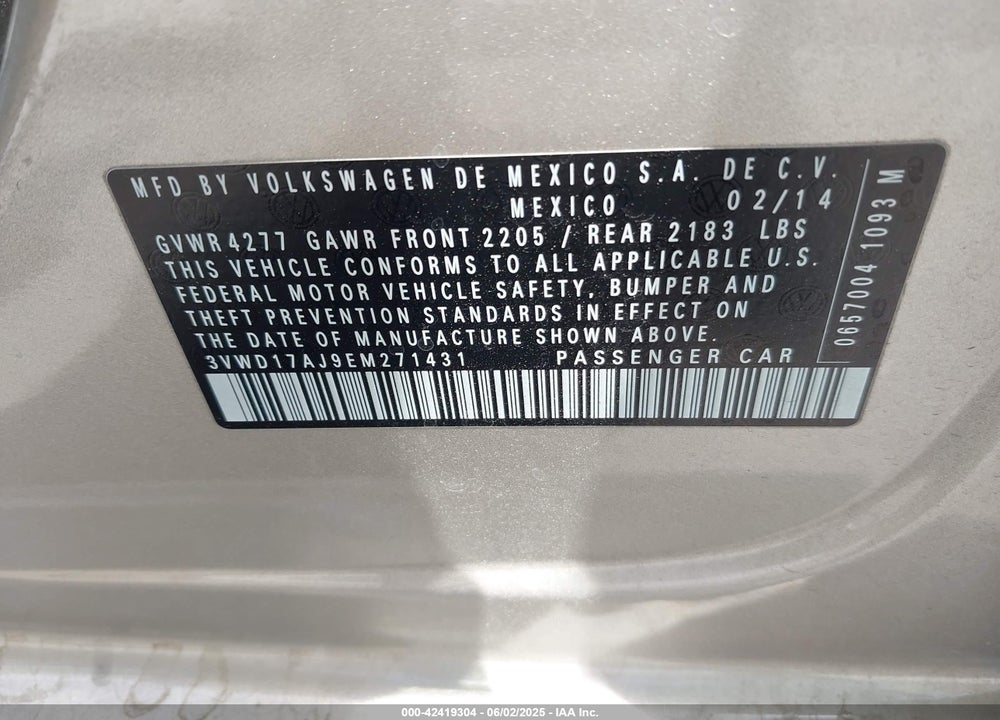 2014 VOLKSWAGEN JETTA VIN: 3VWD17AJ9EM271431