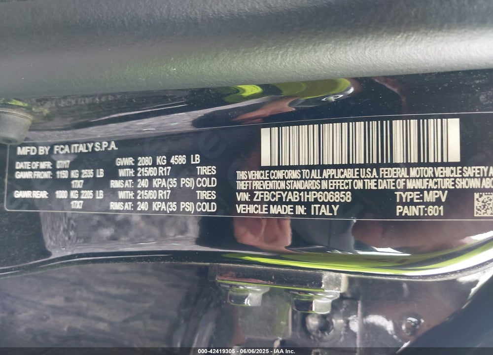 2017 FIAT 500X VIN: ZFBCFYAB1HP606858