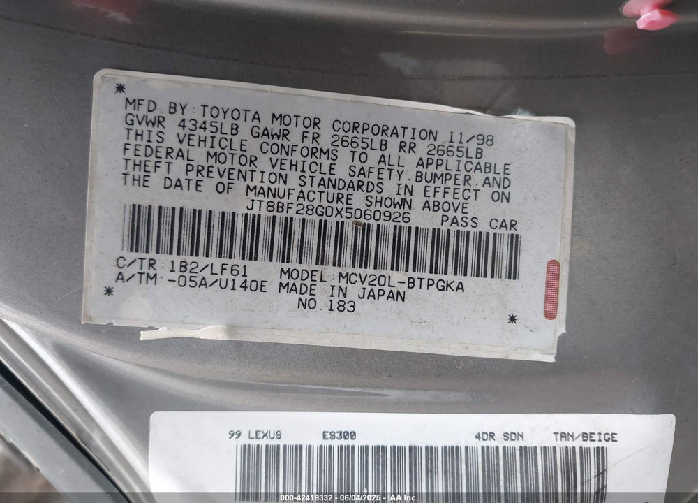 1999 LEXUS ES 300 VIN: JT8BF28G0X5060926