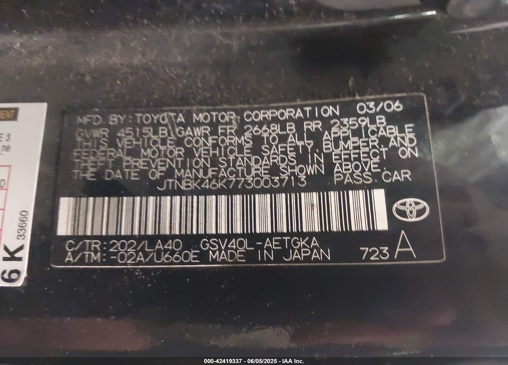 2007 TOYOTA CAMRY VIN: JTNBK46K773003713