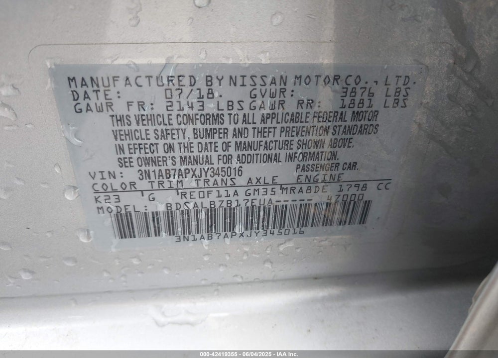 2018 NISSAN SENTRA VIN: 3N1AB7APXJY345016