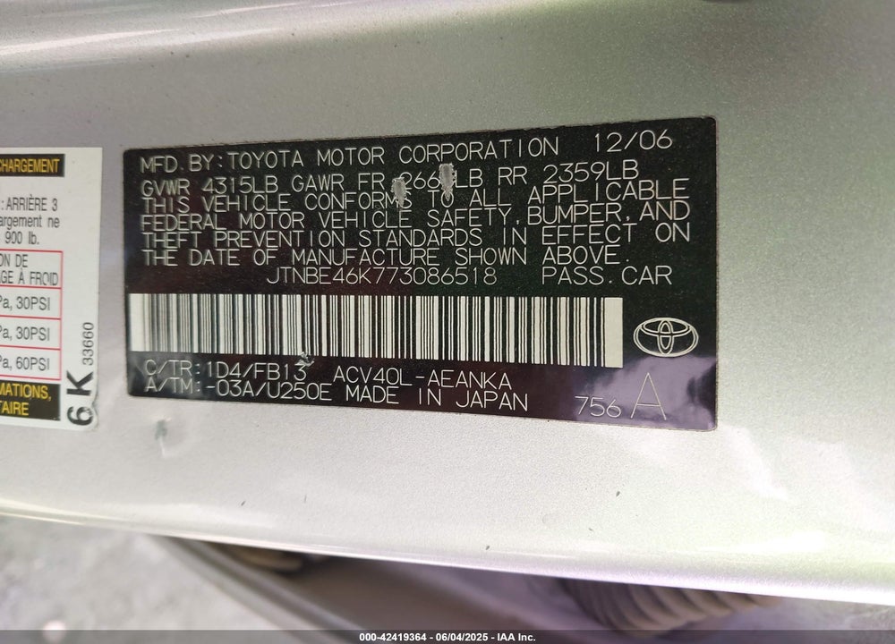 2007 TOYOTA CAMRY LE VIN: JTNBE46K773086518