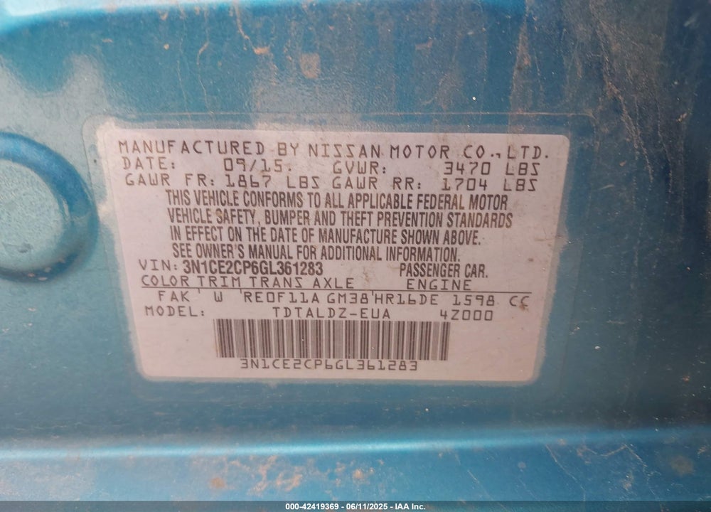 2016 NISSAN VERSA NOTE S (SR)/S PLUS/SL/SR/SV VIN: 3N1CE2CP6GL361283