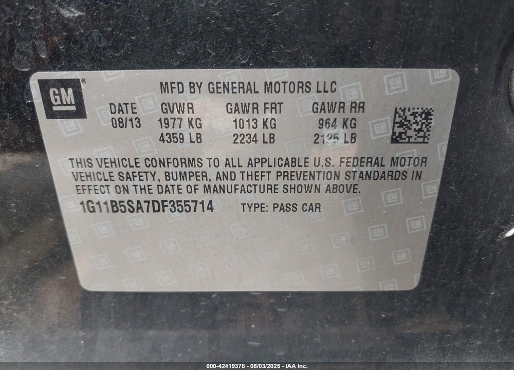 2013 CHEVROLET MALIBU VIN: 1G11B5SA7DF355714