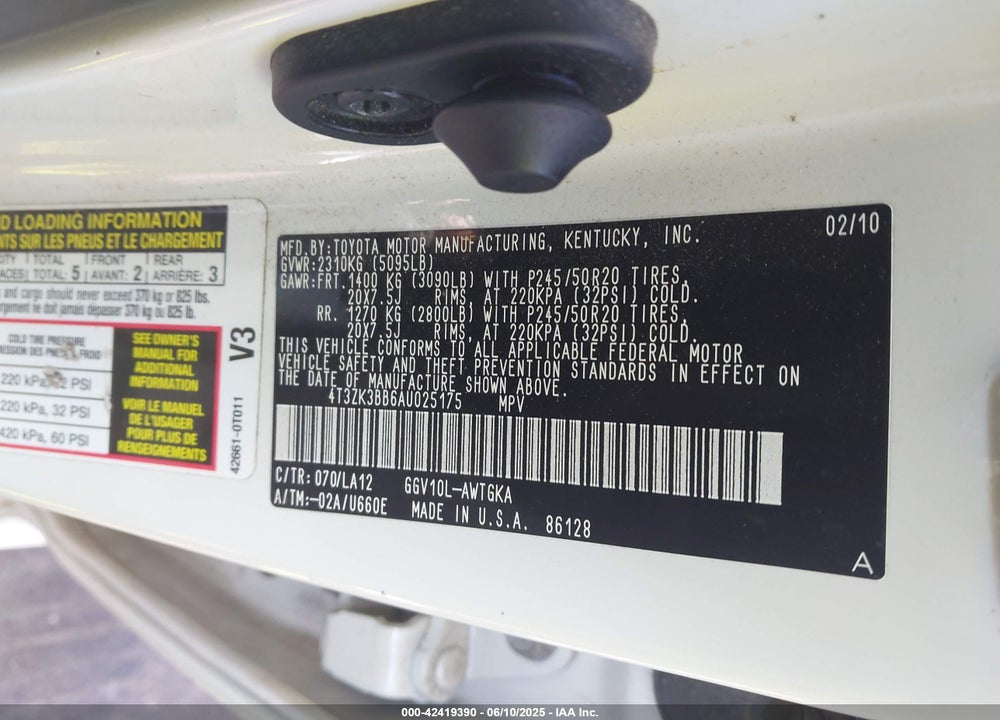 2010 TOYOTA VENZA BASE V6 VIN: 4T3ZK3BB6AU025175