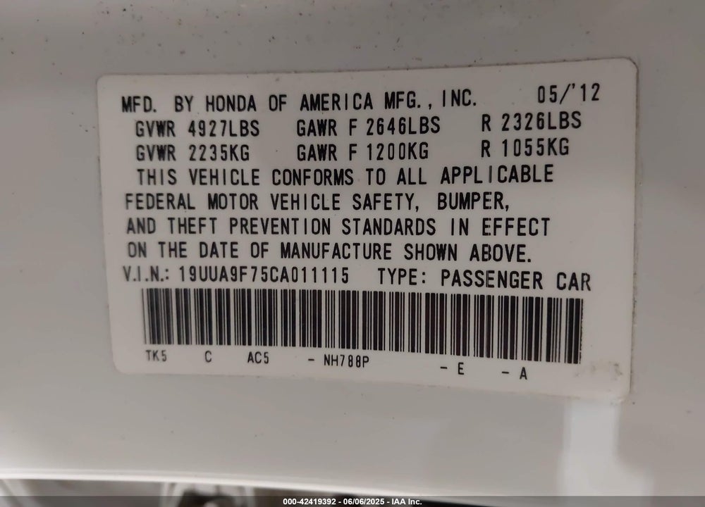 2012 ACURA TL 3.7 VIN: 19UUA9F75CA011115