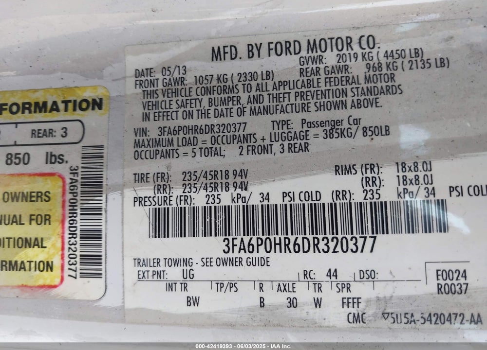 2013 FORD FUSION VIN: 3FA6P0HR6DR320377