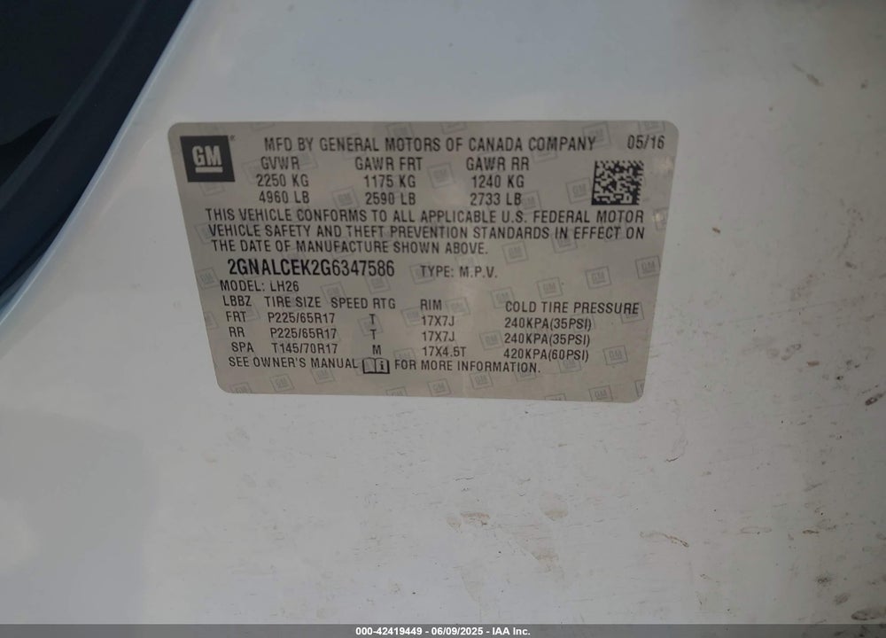 2016 CHEVROLET EQUINOX VIN: 2GNALCEK2G6347586