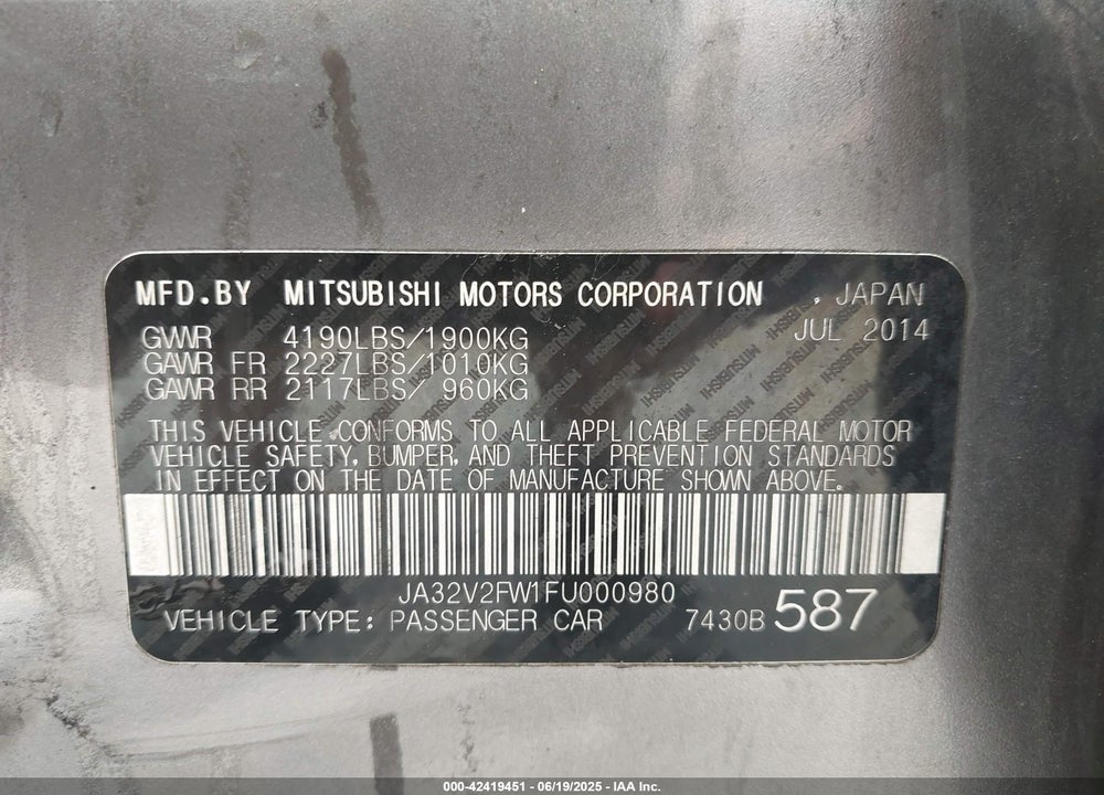 2015 MITSUBISHI LANCER VIN: JA32V2FW1FU000980