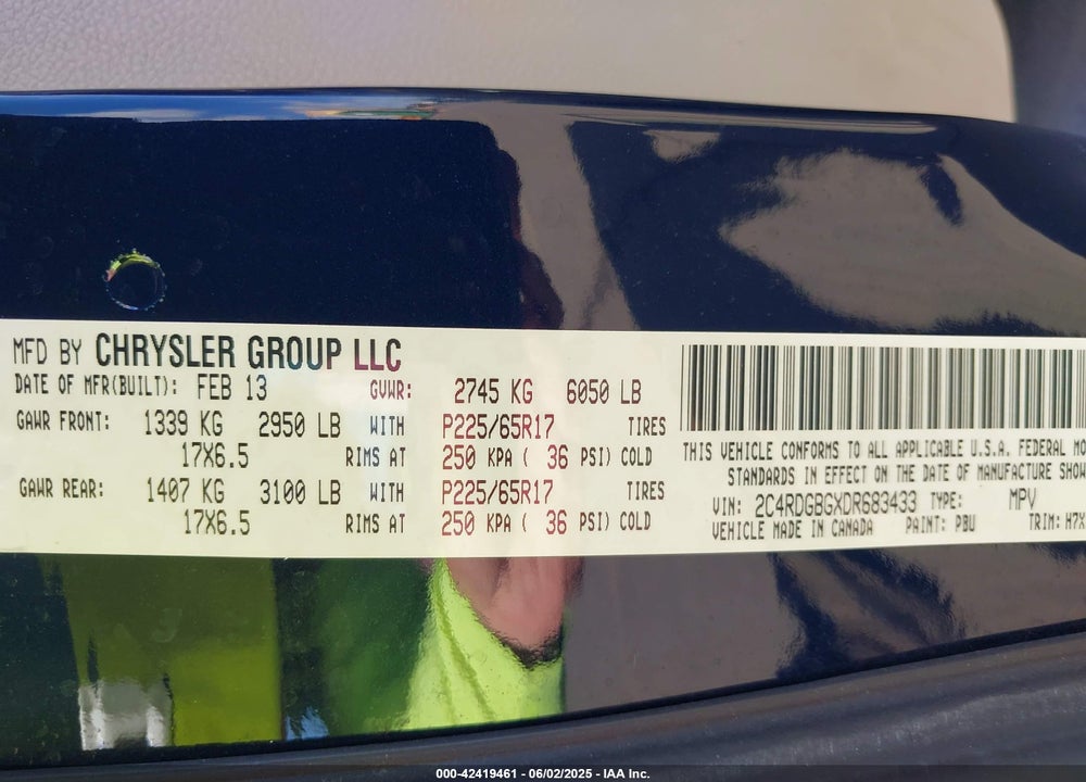2013 DODGE GRAND CARAVAN SE VIN: 2C4RDGBGXDR683433