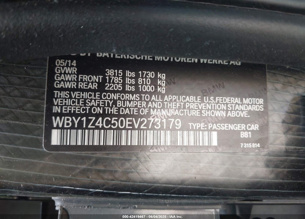 2014 BMW I3 BASE W/RANGE EXTENDER VIN: WBY1Z4C50EV273179