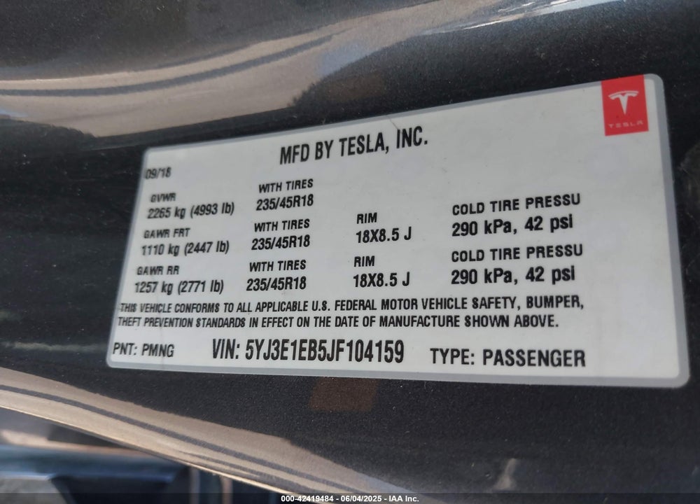 2018 TESLA MODEL 3 VIN: 5YJ3E1EB5JF104159