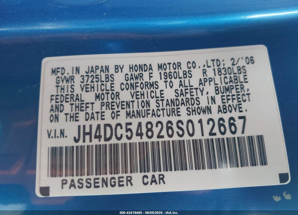 2006 ACURA RSX VIN: JH4DC54826S012667