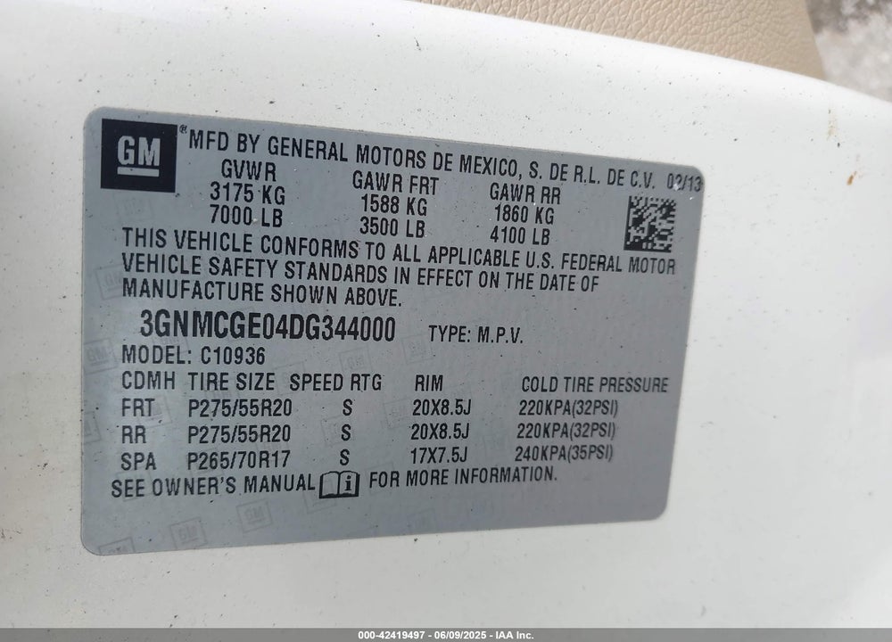 2013 CHEVROLET AVALANCHE VIN: 3GNMCGE04DG344000