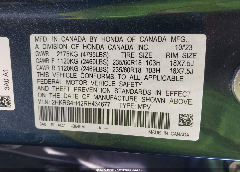 2024 HONDA CR-V VIN: 2HKRS4H42RH434677