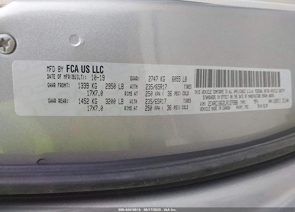 2020 CHRYSLER PACIFICA TOURING L VIN: 2C4RC1BG2LR127986