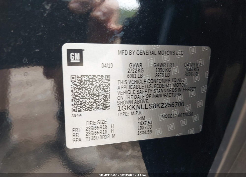 2019 GMC ACADIA VIN: 1GKKNLLS8KZ256706