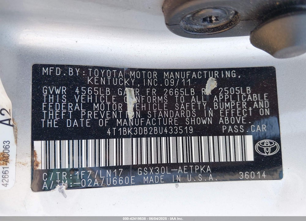 2011 TOYOTA AVALON LIMITED VIN: 4T1BK3DB2BU433519