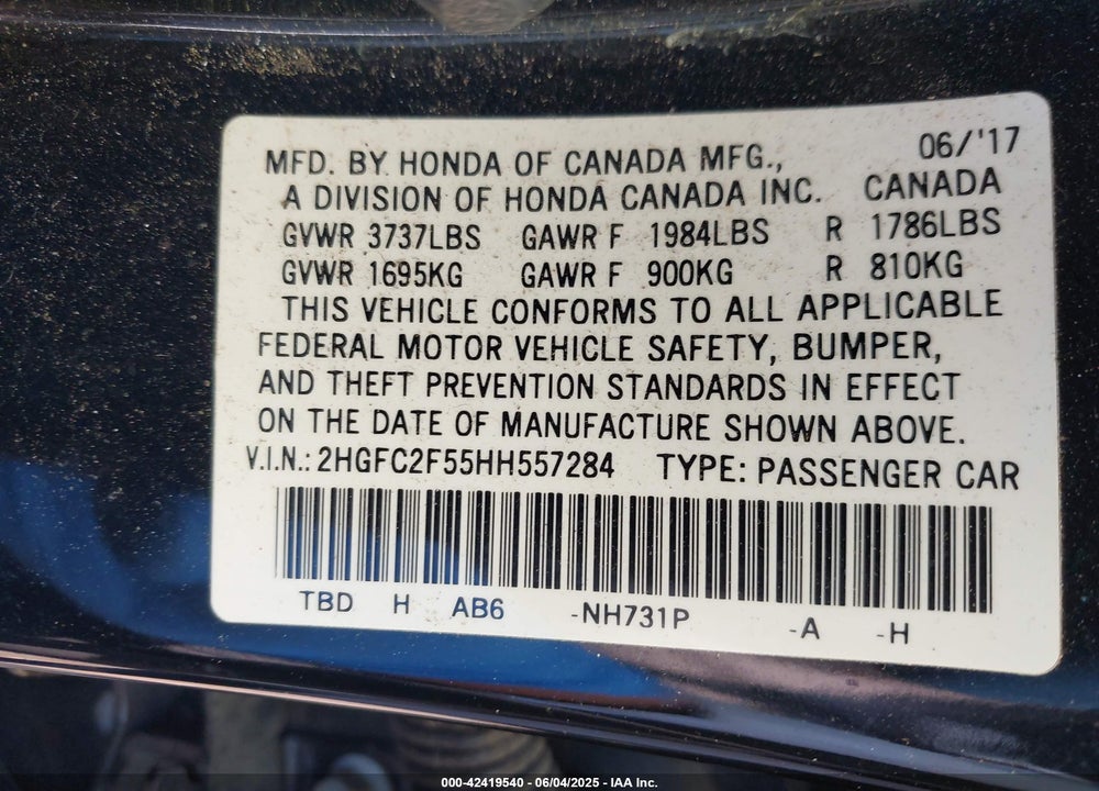 2017 HONDA CIVIC VIN: 2HGFC2F55HH557284