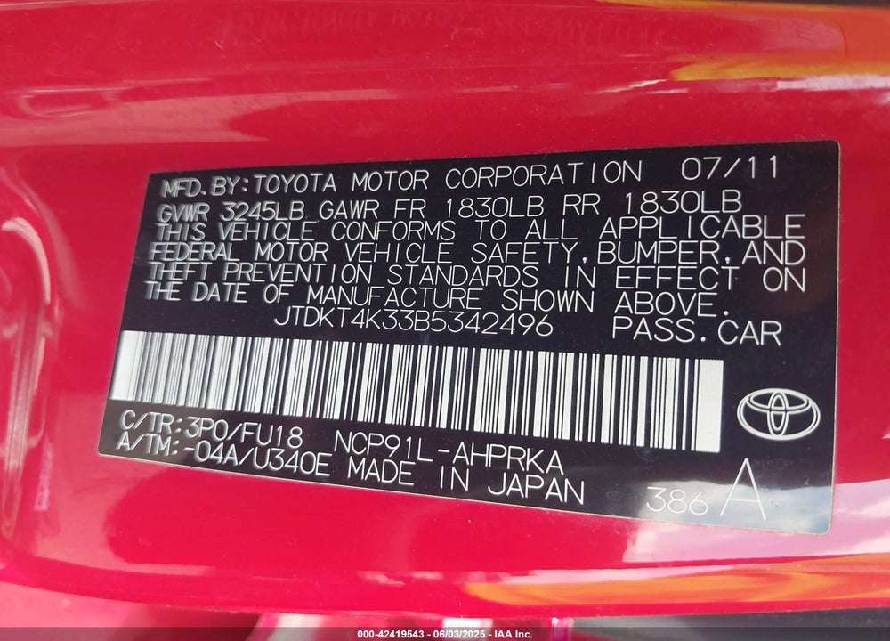 2011 TOYOTA YARIS VIN: JTDKT4K33B5342496