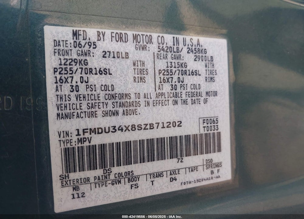 1995 FORD EXPLORER VIN: 1FMDU34X8SZB71202