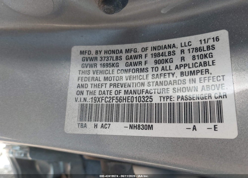 2017 HONDA CIVIC VIN: 19XFC2F56HE010325