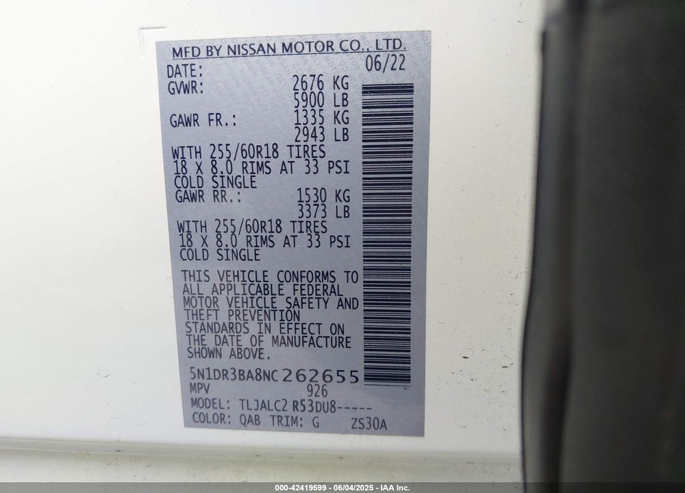2022 NISSAN PATHFINDER VIN: 5N1DR3BA8NC262655