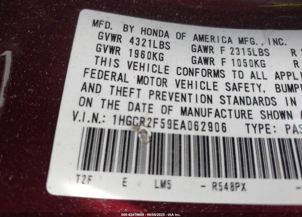 2014 HONDA ACCORD VIN: 1HGCR2F59EA062906