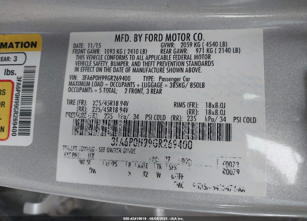 2016 FORD FUSION VIN: 3FA6P0H99GR269400