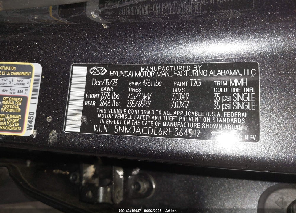 2024 HYUNDAI TUCSON VIN: 5NMJACDE6RH364512