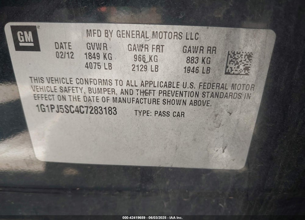 2012 CHEVROLET CRUZE ECO VIN: 1G1PJ5SC4C7283183
