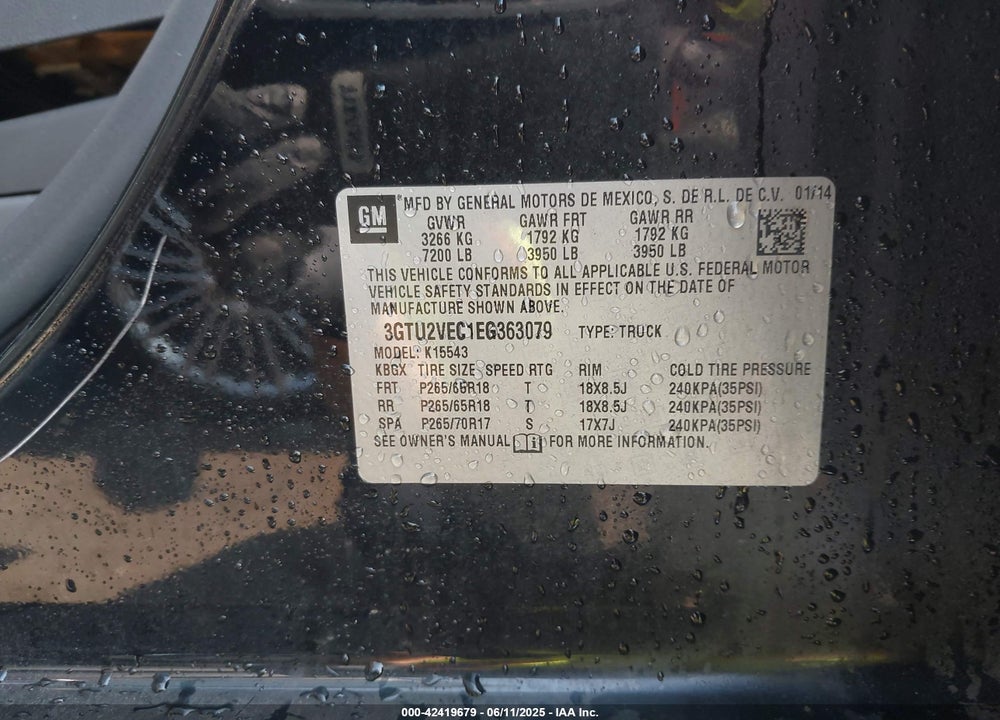 2014 GMC SIERRA 1500 SLT VIN: 3GTU2VEC1EG363079
