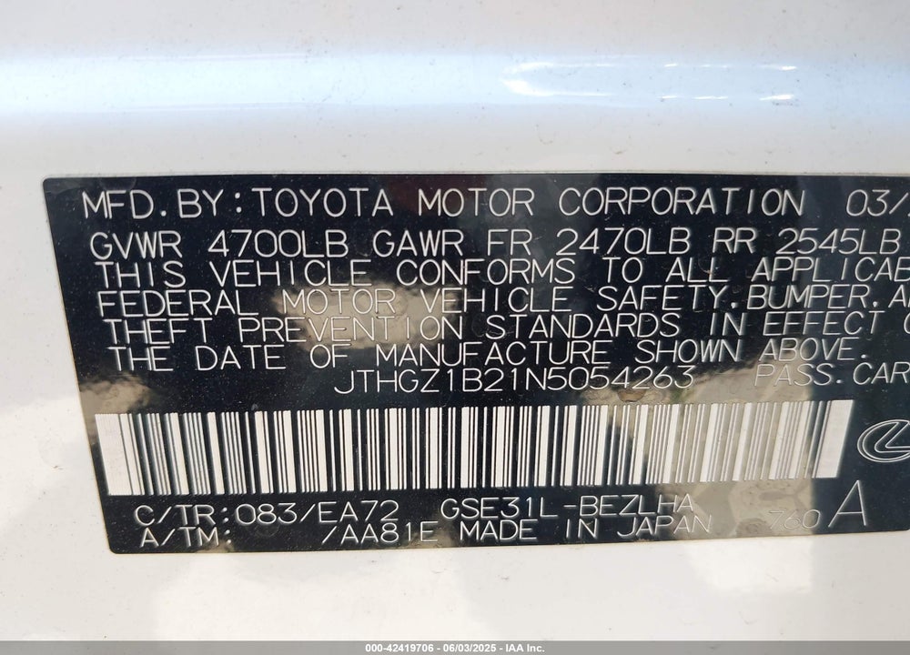 2022 LEXUS IS 350 F-SPORT VIN: JTHGZ1B21N5054263