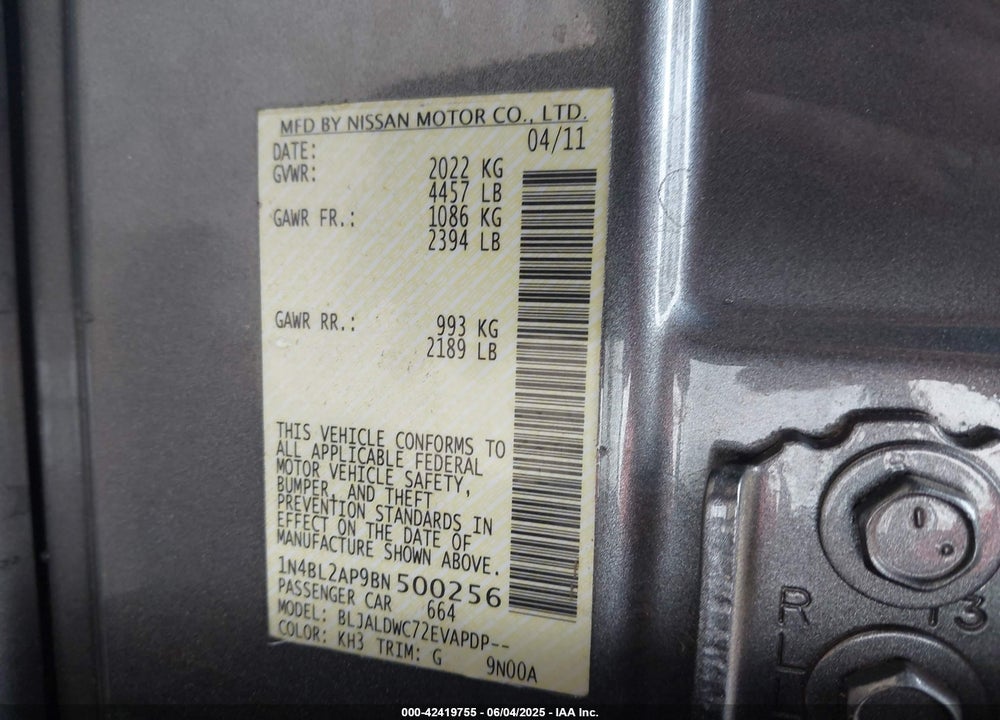 2011 NISSAN ALTIMA VIN: 1N4BL2AP9BN500256